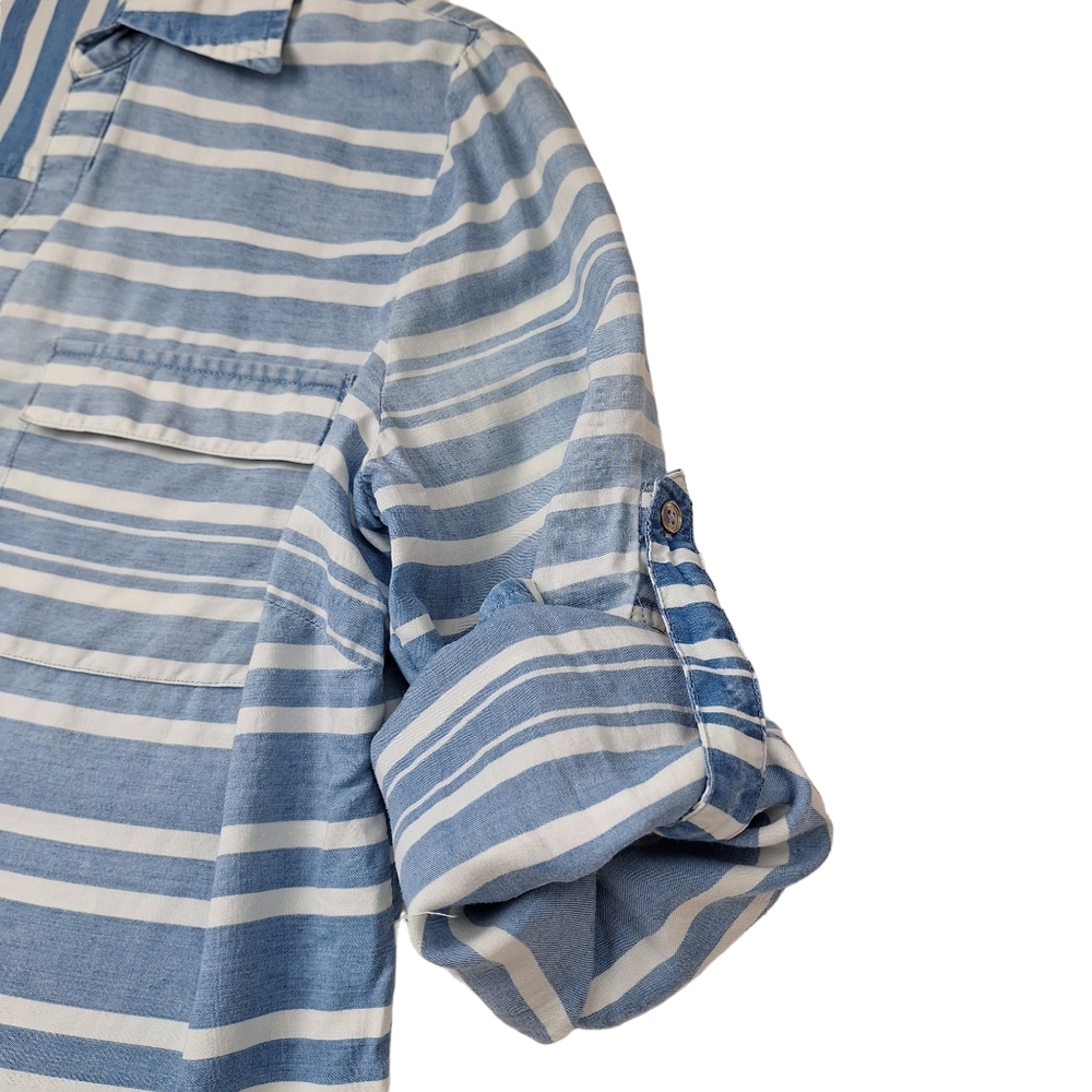 New York & Company Blue White Stripe Button‎ Up Shirt - Picture 6 of 15